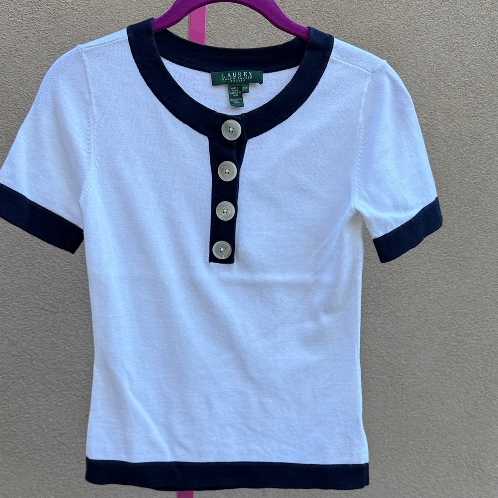 Lauren Ralph Lauren White Short Sleeve Henley Tee with Navy Trim - Picture 2 of 5